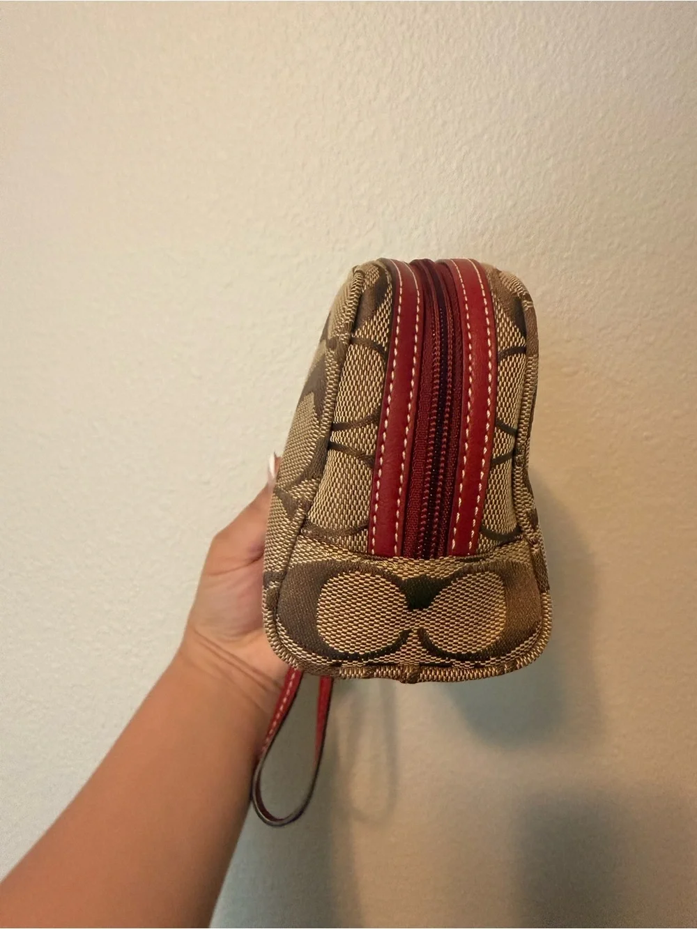 Coach Signature Canvas Wristlet in Brown with Red Strap - Picture 2 of 13